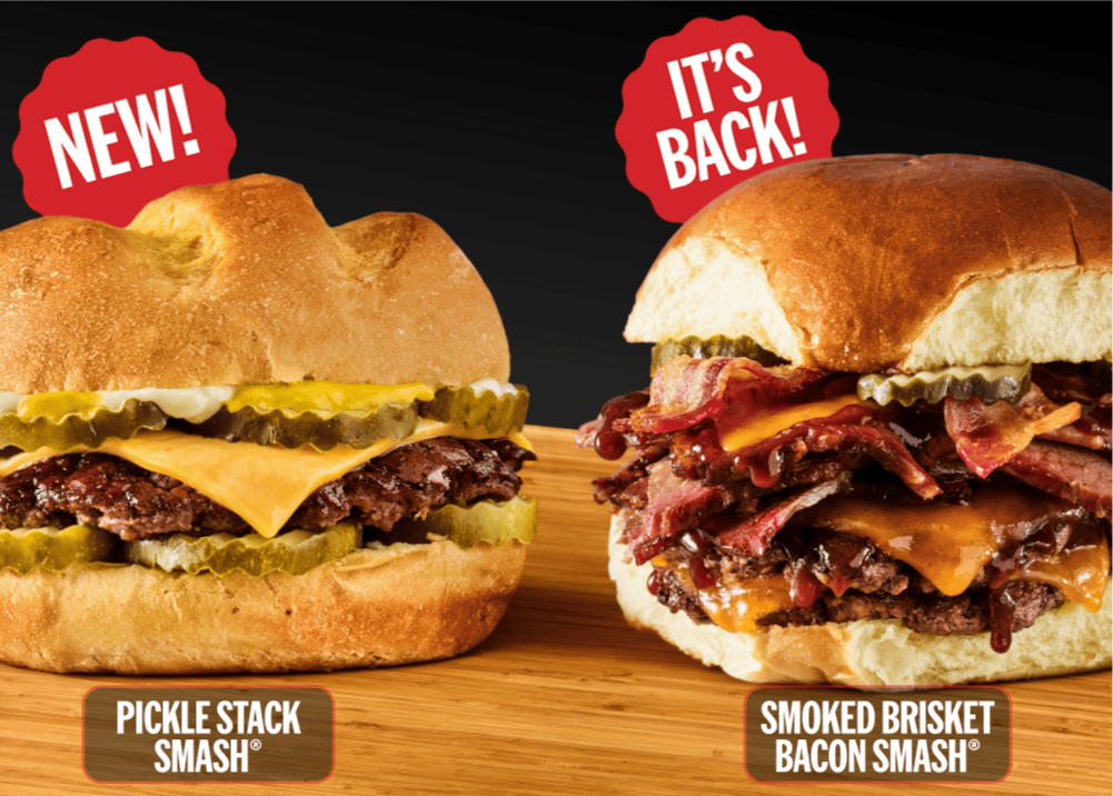 ones new ones back pickle stack smash and smoked brisket bacon smash