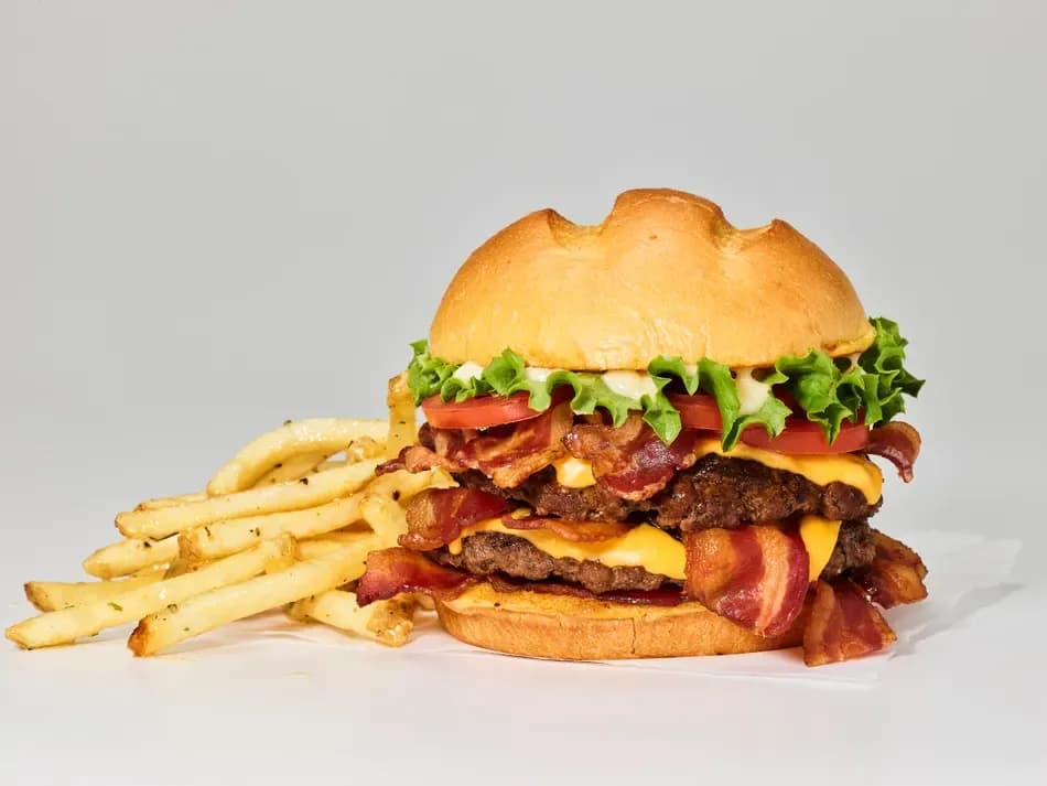 double smash burger with bacon and fries